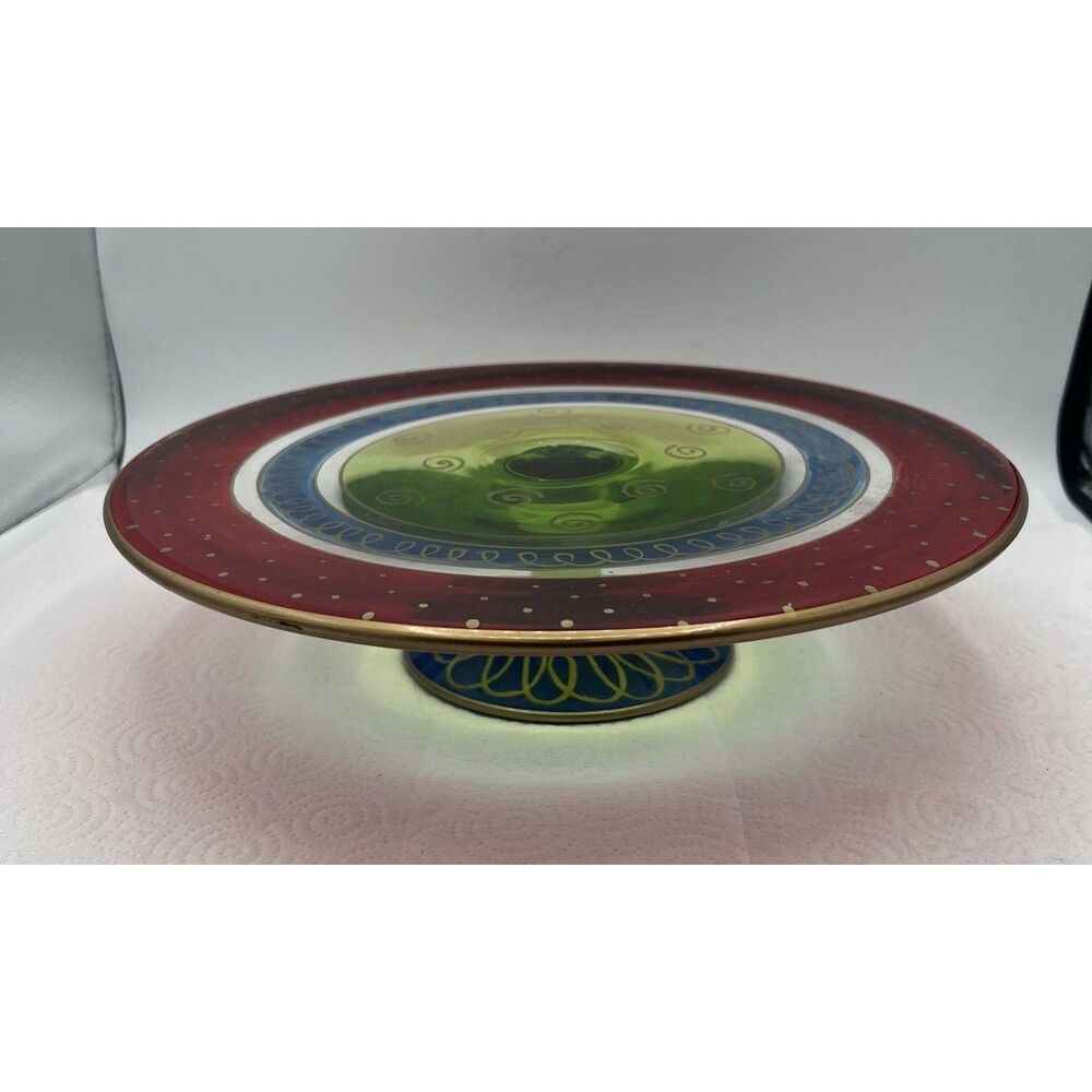 Pier 1 Festive Stripe Cake Plate Christmas Holiday Colorful 11 3/4”